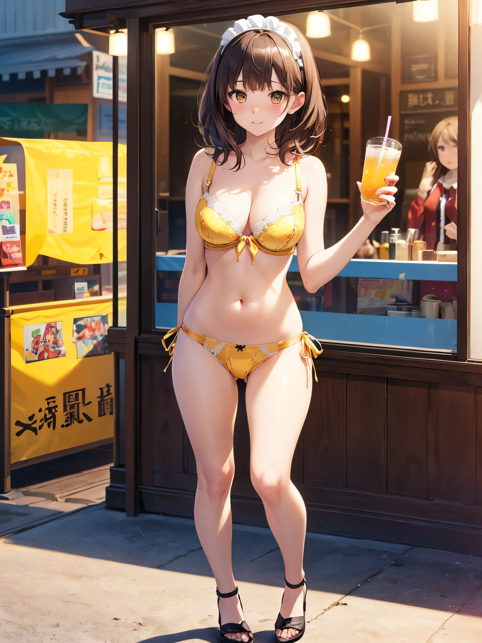 masterpiece,highest quality,official art,Highly detailed CG Unity 8K wallpaper, 1 cute tanned girl, black bra,black bikini,flat chest,toned body,barefoot,shopping bag,Iinside the restaurant,ponytail,blonde,I&#39;,smiling face,Bright atmosphere in the store,sitting in a chair,((ultra wide angle photo)),((raise one leg)),The entire body fits compactly in the center,full body,surrounded by people,
