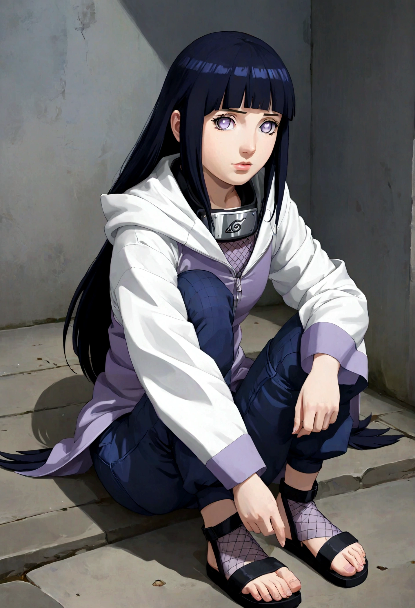 1girl, Hinata Hyuga, sit, by Rachel Ruysch and Rachel Maclean, long hair, blunt bangs, dark blue hair, white eyes, no pupils, forehead protector, konohagakure symbol, purple and white hooded jacket, fishnets, blue pants, holster, bandage on thigh, open sandals, looking at viewer, (masterpiece, best quality, Professional, perfect composition, very aesthetic, absurdres, ultra-detailed, intricate details:1.3)