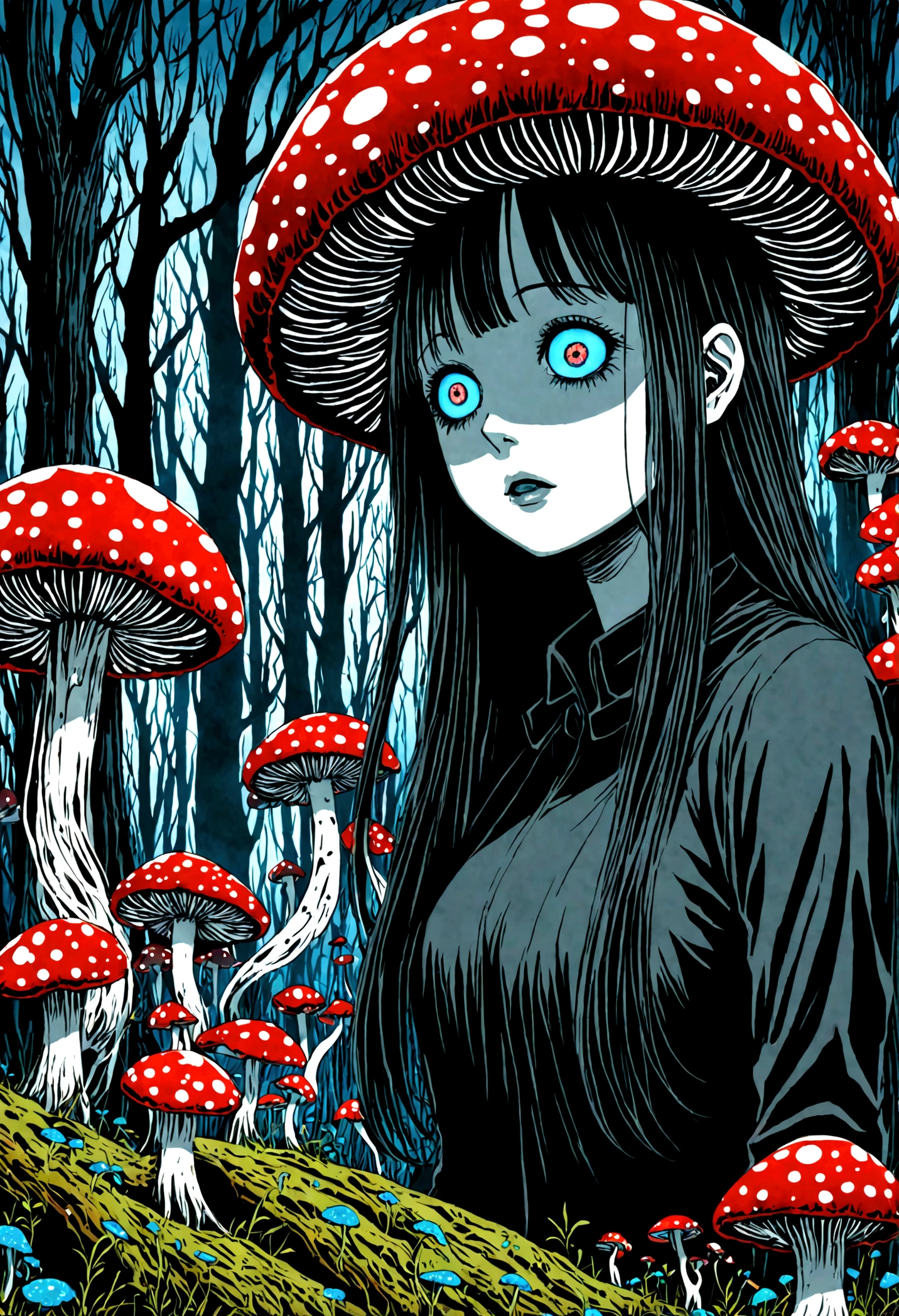 [author：Junji Ito], Dark horror scene, [Detailed shadows], [vein], (Bioluminescent mushroom forest), 1 Girl, Huge cosmic eyes, Tears streaming down my face, Spiral Fungus, HDR