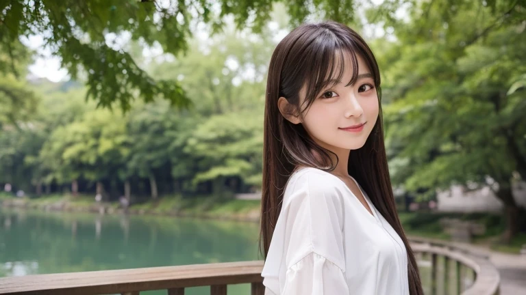 Produce the highest quality and highest resolution 8K images。The model is a 20-year-old Japanese woman.。Draw the whole body of a woman。Please draw an image of a smiling person taking a commemorative photo at a tourist spot.。Please draw the whole body of the model。She has brown eyes and a model figure.、She has an idol-level cute face.。The hair is long。Skin has a healthy color。Clothes、I&#39;m wearing early summer clothes。