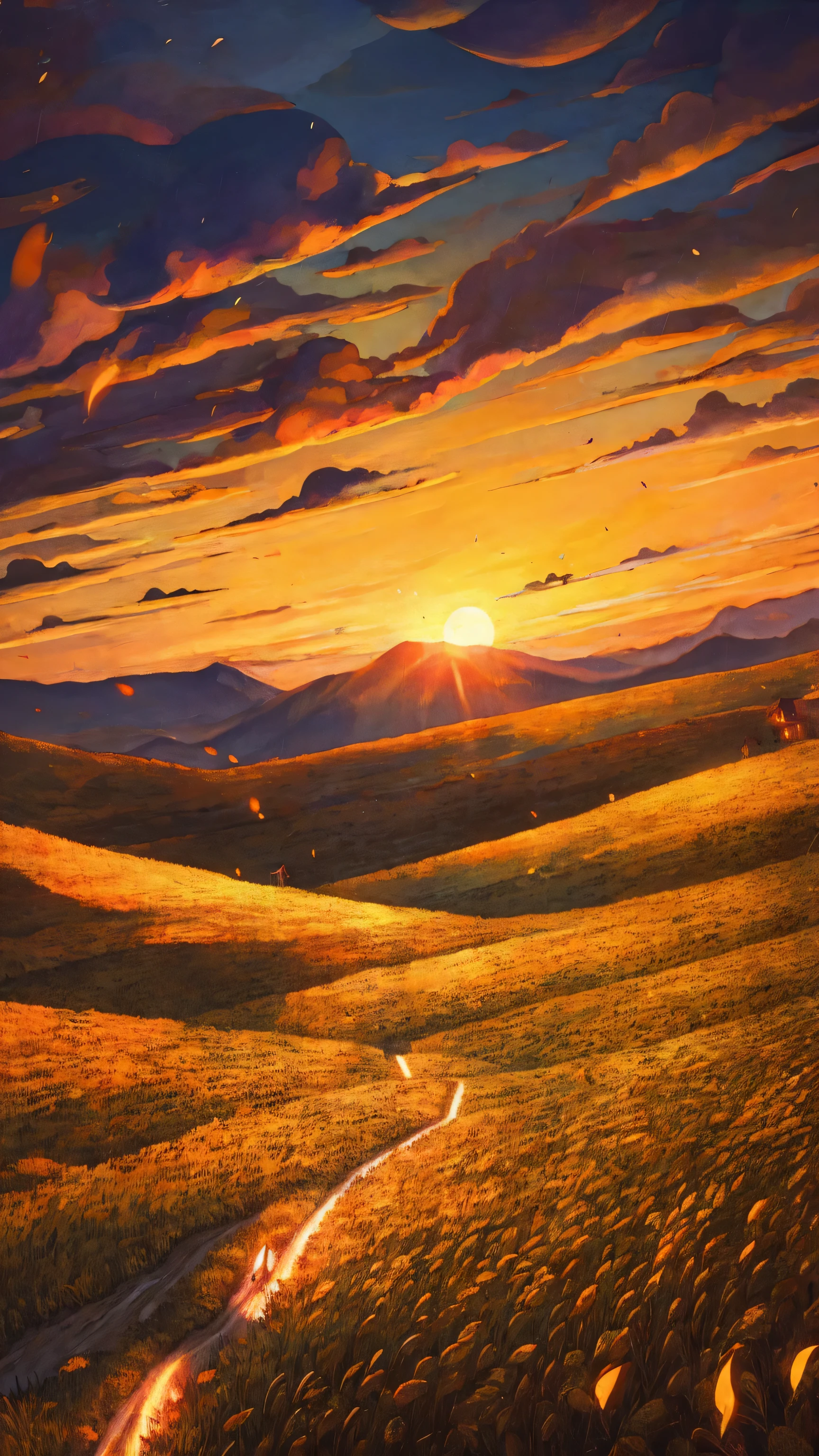 Summer Landscape, wheat field, Opaves, Mount Euganei in the background, Sunset, Fireflies and ladybugs in the foreground,