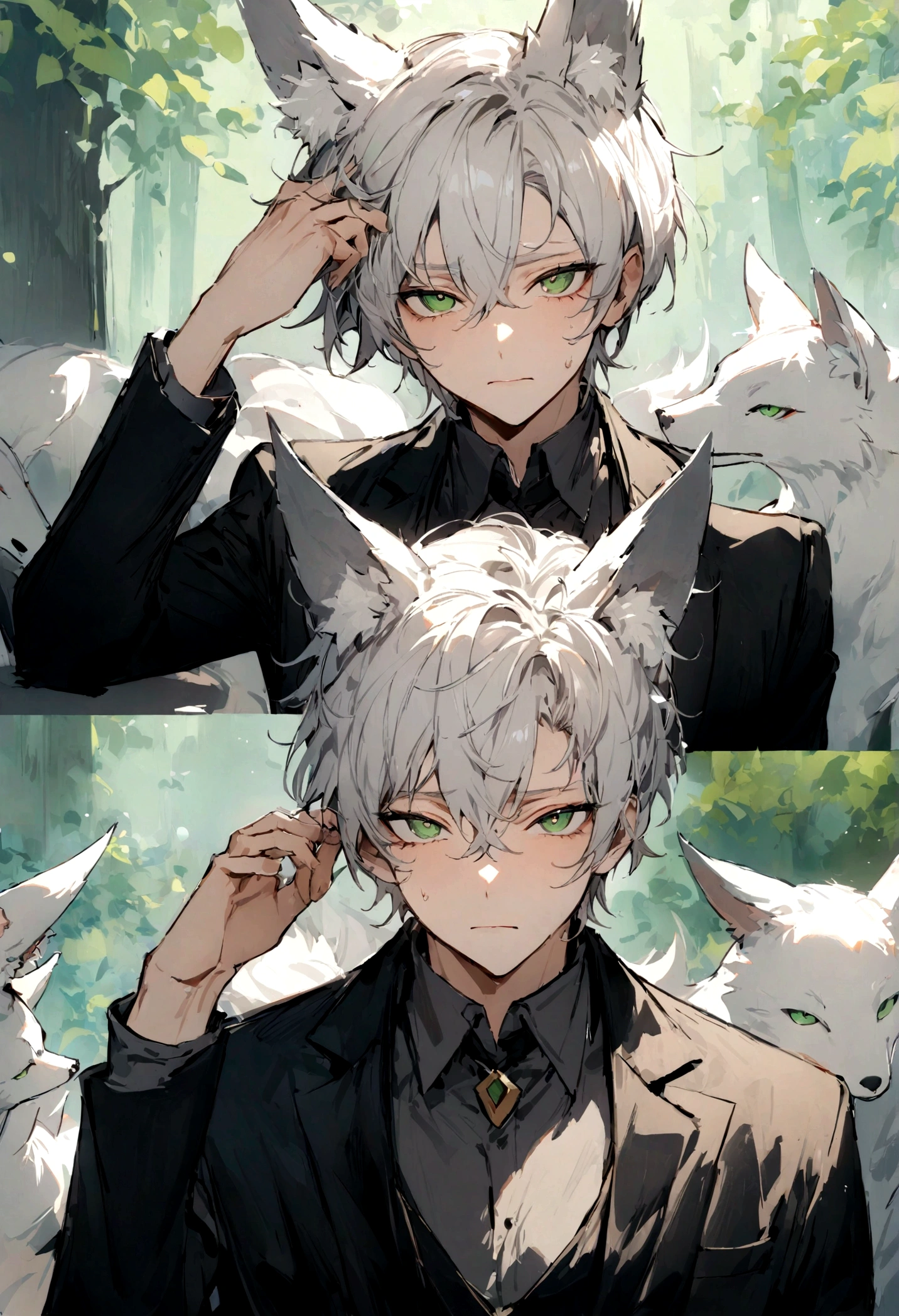 (masterpiece), highest quality, Expressive eyes, Perfect Face, male, Silver Hair, Green Eyes, kitsune, Fox Ears, Black Suit, Black trousers, Portraiture,, good looking, Apathetic and tired, Scratching his head while looking at the viewer