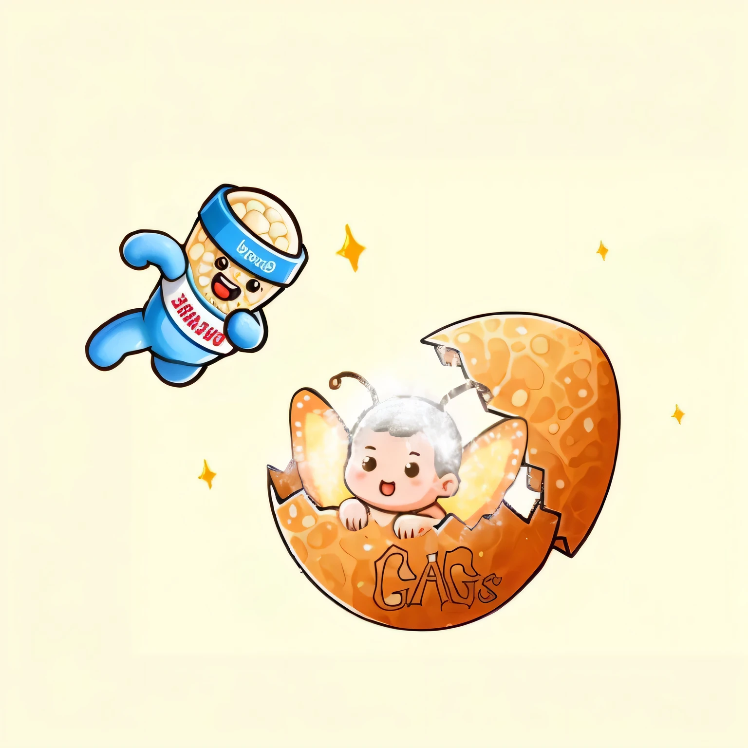 A baby in the center, simple crystal crown, happy expression, beautiful eyes, beautiful lips, detailed face, soft lighting, cinematic composition, elegant, dreamlike, muted colors, glowing, mystical, ethereal, cartoon;The baby is inside a cracked eggshell with delicate texture, "GAGS" written on the eggshell, and the top half of the eggshell is held up by a small man;the small man looks like a capsule, the whole is blue, the head is transparent yellow, and the head has a ring of blue