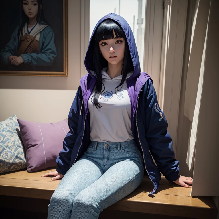 1girl, Hinata Hyuga, sit, by Rachel Ruysch and Rachel Maclean and Quentin Blake, long hair, blunt bangs, dark blue hair, white eyes, no pupils, forehead protector, konohagakure symbol, purple and white hooded jacket, fishnets, blue pants, holster, bandage on thigh, open sandals, looking at viewer, (masterpiece, best quality, Professional, perfect composition, very aesthetic, absurdres, ultra-detailed, intricate details:1.3)