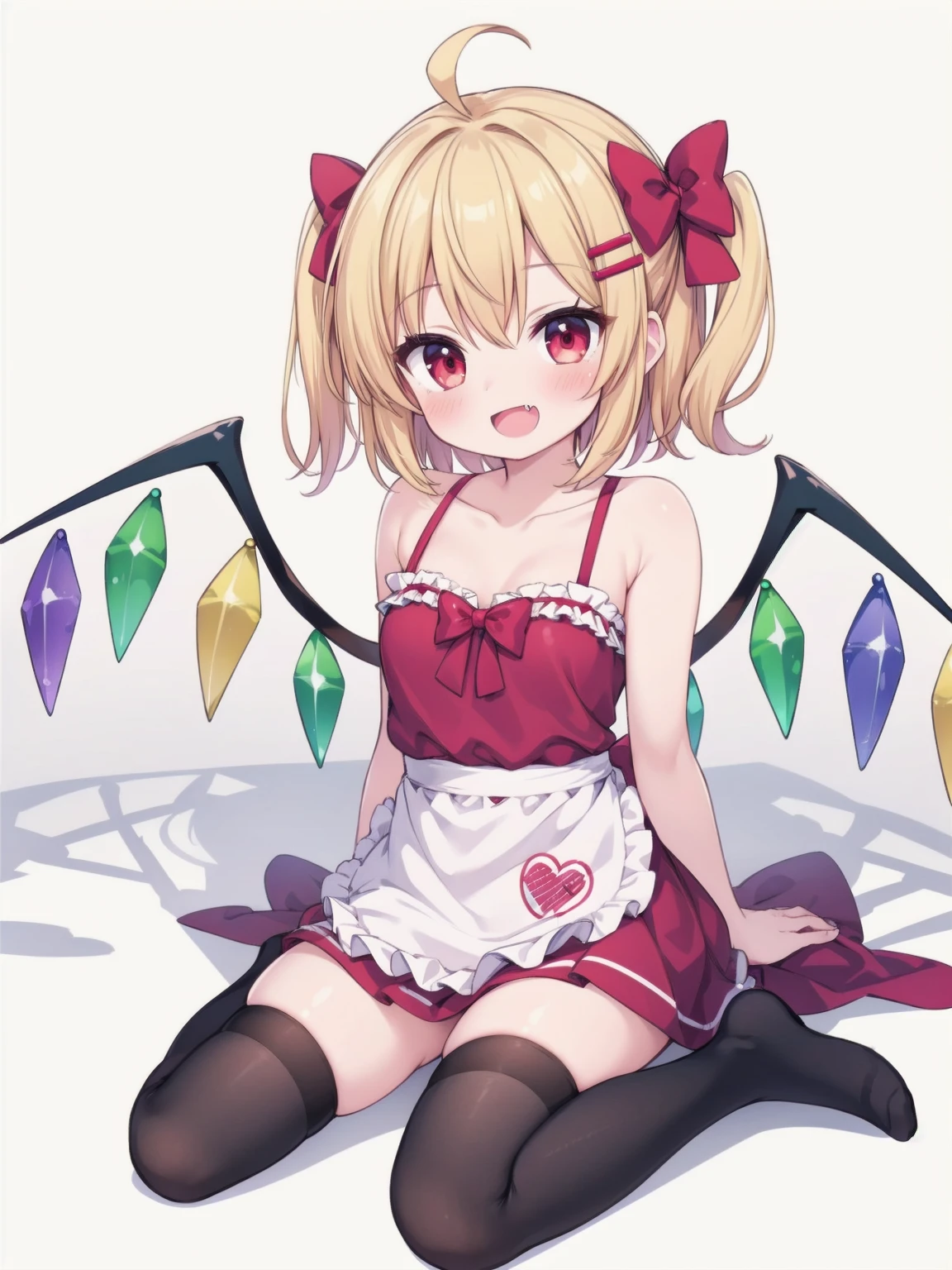 flandre scarlet, 1girl, solo, breasts, looking at viewer, blush, smile, open mouth, blonde hair, simple background, hair ornament, red eyes, thighhighs, white background, bow, sitting, collarbone, full body, ahoge, hair bow, small breasts, wings, hairclip, fang, striped, medium hair, apron, red bow, one side up, wariza, striped thighhighs, crystal, pink thighhighs, strap pull
masterpiece, top quality, super detailed, CG illustration, high resolution, better lighting, best shadows, very delicate and beautiful, proper shading, hd, 8k,