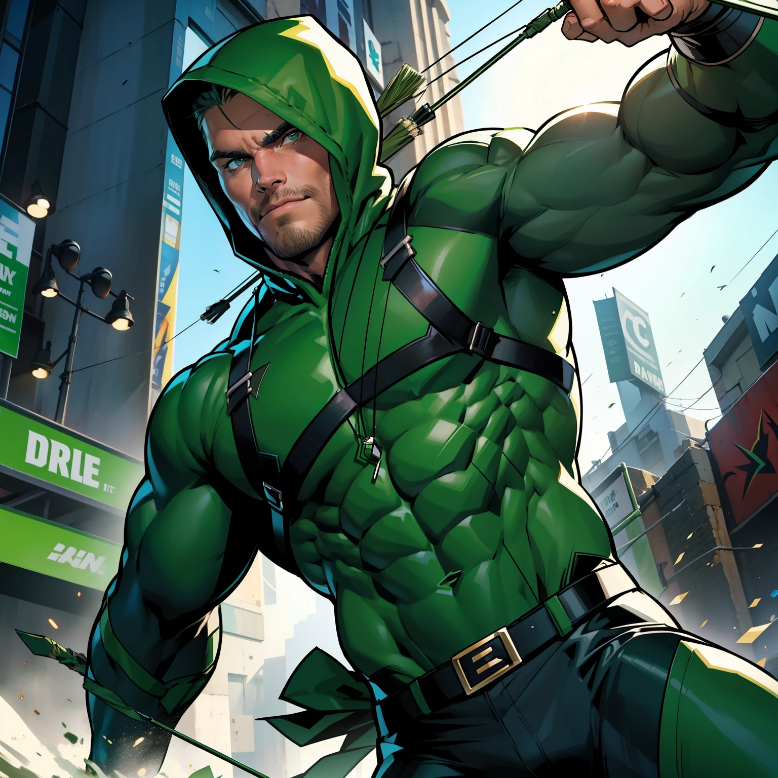 a muscular mature man , hero withdark green suit ((DC Comics)) , stephen amell as green arrow aiming with his bow and arrows towards his targets , hunk and handsome in action