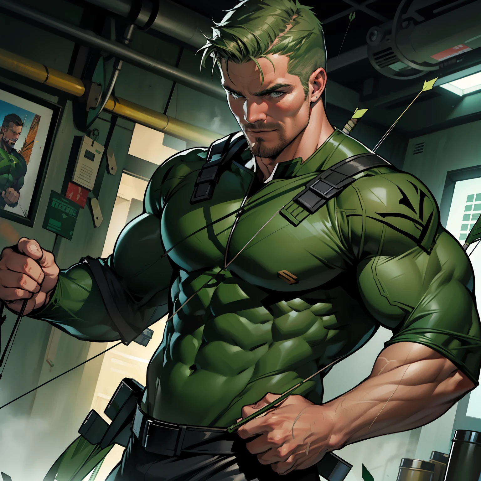 a  muscular mature man , hero withdark green  suit ((DC Comics)) , stephen amell as green arrow aiming with his bow and arrows towards his targets , hunk and handsome in action