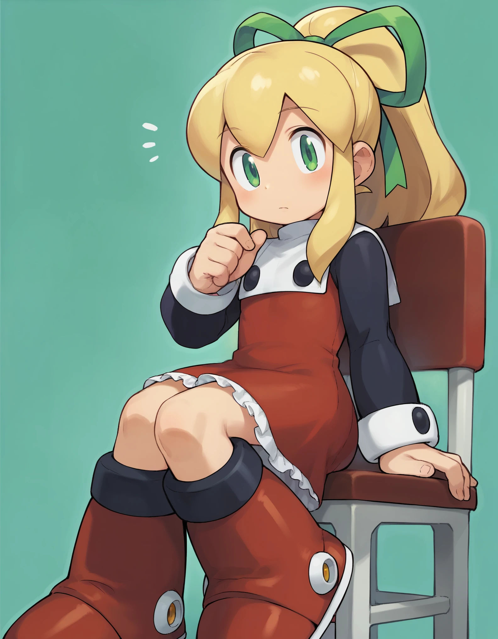 score_9, score_8_up, score_7_up, source_anime, solo,
ishikawa hideki style,Roll (Mega man), android, long hair, blush, bangs, blonde hair, long sleeves, green eyes, hair ribbon, ponytail, sidelocks, boots, frills, red skirt, red dress, frilled dress, knee boots, red footwear, outline, green ribbon, undershirt, flat chest, sitting on chair,