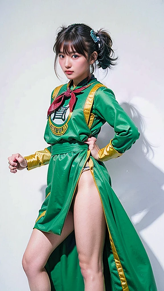 (masterpiece, highest quality:1.1), Warrior (dq3), One girl, alone, Long Hair, Twin tails, View Viewer, Black Hair, hair ornaments, Long sleeve, Small breasts,Beautiful cherry-colored areola、Erect nipples、Narrow waist、Shaved、 Mouth closed, Cowboy Shot, Iris, Raise your arms, Short-hemmed Chinese clothing, No underwear、No underwear、Hair ties, Clenched hands, Combat Stance, Yin and Yang simple background 、High Kick、She spreads her legs wide and does a high kick、Her clothes are turned up and her underwear is exposed、Chinese boxing、Raise one leg high and kick、