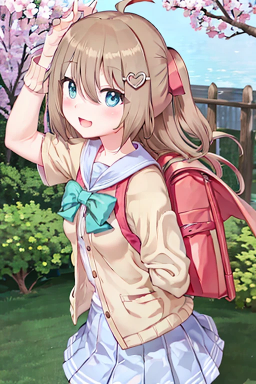 (masterpiece), (ultra-detailed), best quality, 8k, 1girl, neuro-sama, solo, looking at viewer, standing, looking at viewer, portrait, brown cardigan, bowtie, sailor collar, ahoge, cherry blossoms, blue eyes, sky, outdoors, smile, heart hair ornament, two side up, , blue skirt, white shirt, serafuku, wearing pink randoseru backpack, side view, (randoseru backpack:1.0)