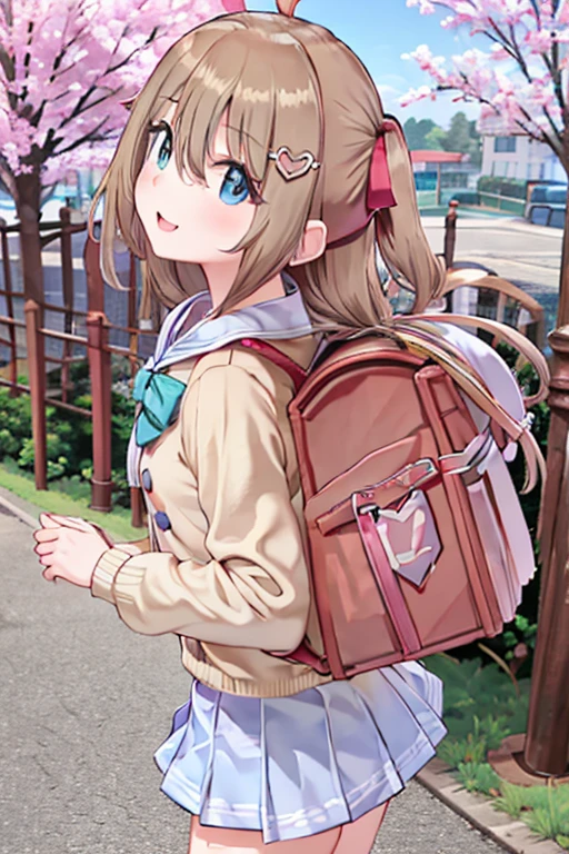 (masterpiece), (ultra-detailed), best quality, 8k, 1girl, neuro-sama, solo, looking at viewer, standing, looking at viewer, portrait, brown cardigan, bowtie, sailor collar, ahoge, cherry blossoms, blue eyes, sky, outdoors, smile, heart hair ornament, two side up, , blue skirt, white shirt, serafuku, wearing pink randoseru backpack, side view, (randoseru backpack:1.0)