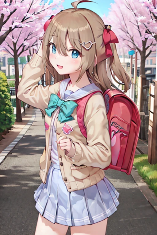 (masterpiece), (ultra-detailed), best quality, 8k, 1girl, neuro-sama, solo, looking at viewer, standing, looking at viewer, portrait, brown cardigan, bowtie, sailor collar, ahoge, cherry blossoms, blue eyes, sky, outdoors, smile, heart hair ornament, two side up, , blue skirt, white shirt, serafuku, wearing pink randoseru backpack, side view, (randoseru backpack:1.0)