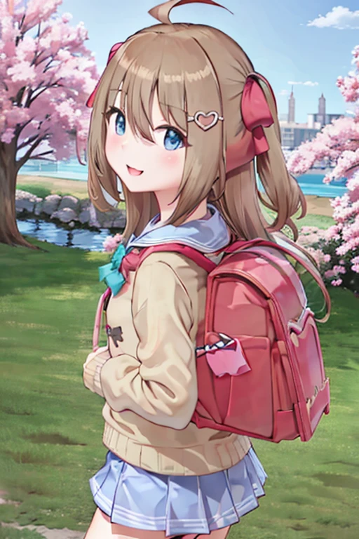 (masterpiece), (ultra-detailed), best quality, 8k, 1girl, neuro-sama, solo, looking at viewer, standing, looking at viewer, portrait, brown cardigan, bowtie, sailor collar, ahoge, cherry blossoms, blue eyes, sky, outdoors, smile, heart hair ornament, two side up, , blue skirt, white shirt, serafuku, wearing pink randoseru backpack, side view, (randoseru backpack:1.0)