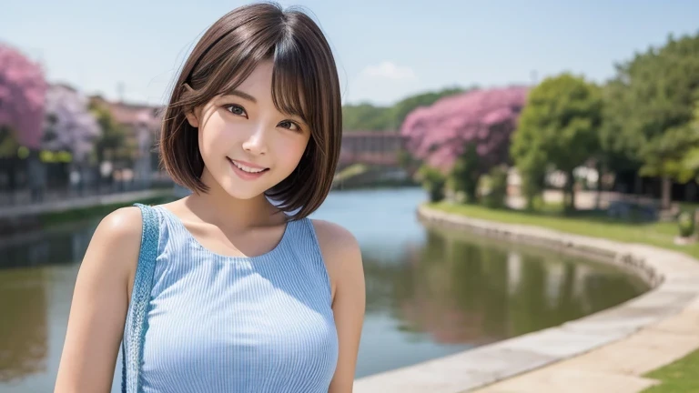 Produce the highest quality and highest resolution 8K images。The model is a 20-year-old Japanese woman.。Please draw a full body image of a woman。Please draw the background as a tourist spot, smiling and taking a commemorative photo.。Please draw the whole body of the model。She has brown eyes and a model figure.、She has an idol-level cute face.。Her hair is bob。Skin has a healthy color。Clothes、I'm wearing early summer clothes。