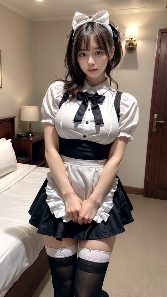 masterpiece, best quality, illustration, Super detailed, fine details, High resolution, 8K,wall paper, perfect dynamic composition,(Details High quality, realistic depiction of eyes:1.3), short hair, (wavy hair:1.2), SFW, huge breasts, hotel room, (bow ribbon, Maid, knee high socks:1.3), Aside Cutter Shirt, frill skirt, Large breasts, Don't expose it, ponytail,  black hair color, Big Natural Color Lip, perfect body shape, bold sexy pose, crying a little、Harajuku style、20 year old girl、cute type、lolita、beautiful legs, full body photo、focus on crotch, hposing Gravure Idol