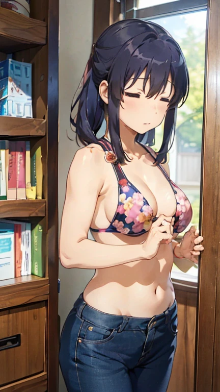 Miyauchi Kazuho,
One Woman,
Small flower-shaped(hair ornaments),
Natural skin texture,Tilt your head(25℃),若干大きいBig Breasts,Narrow waist,
Black halter swimsuit (Upper Body:Floral),Black Jeans Pants ((Lower Body)),
Broken posture,Outdoor,stand up,Sexy pose,
Big Breasts,valley,(Close your eyes),expression(Puzzled),Muscular and healthy body,from the front,Beautiful clavicle,
Beautiful image quality,Delicate shades,4K,Very detailed,Delicate light adjustment,