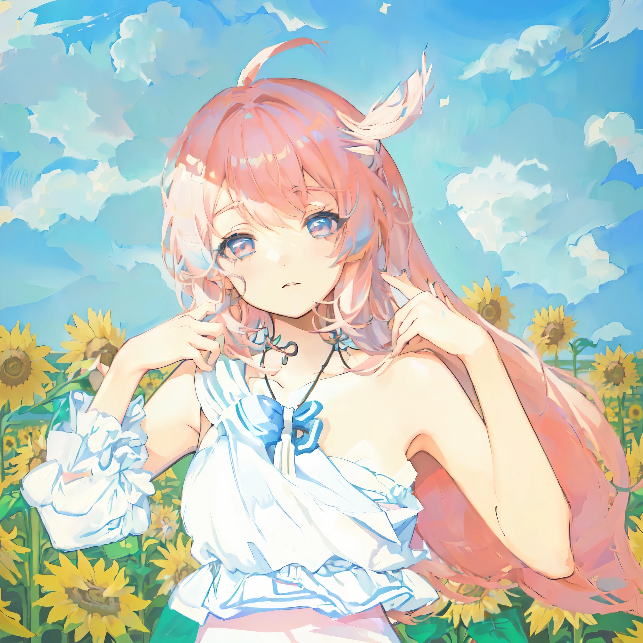 Anime Girl with pink hair and white dress in a field of sunflowers, beautiful sunflower Anime Girl, Soft anime illustration, In the anime painter studio, Produced in collaboration with Anime Painter Studio, Digital Art on pixiv, Pixiv competition winner, pixiv, Zero Art, Summer Goddess, beautiful Anime Girl, (Anime Girl), Anime art style, Pixiv Style