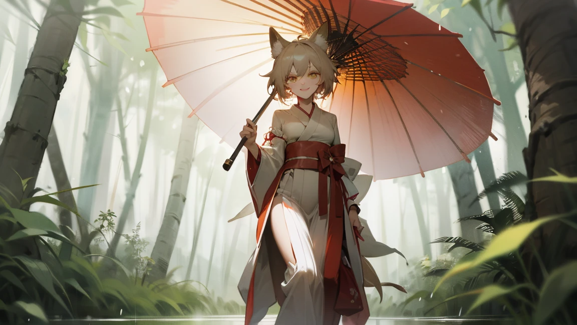 (masterpiece, best quality) detailed, ,Fox ear beauty，Red and white miko kimono　，light blonde silver hair ,olive green pupils，elegant, (Fox ears)，Red Eyeshadow, Shy smile，，The long skirt with high slits exposes the thighs，Walking quietly in the forest。Forest in the rain，Raindrops falling on leaves。reflection, , in background gradient　mystery　wonderland, rich and colorful, 最detailed，Light person。