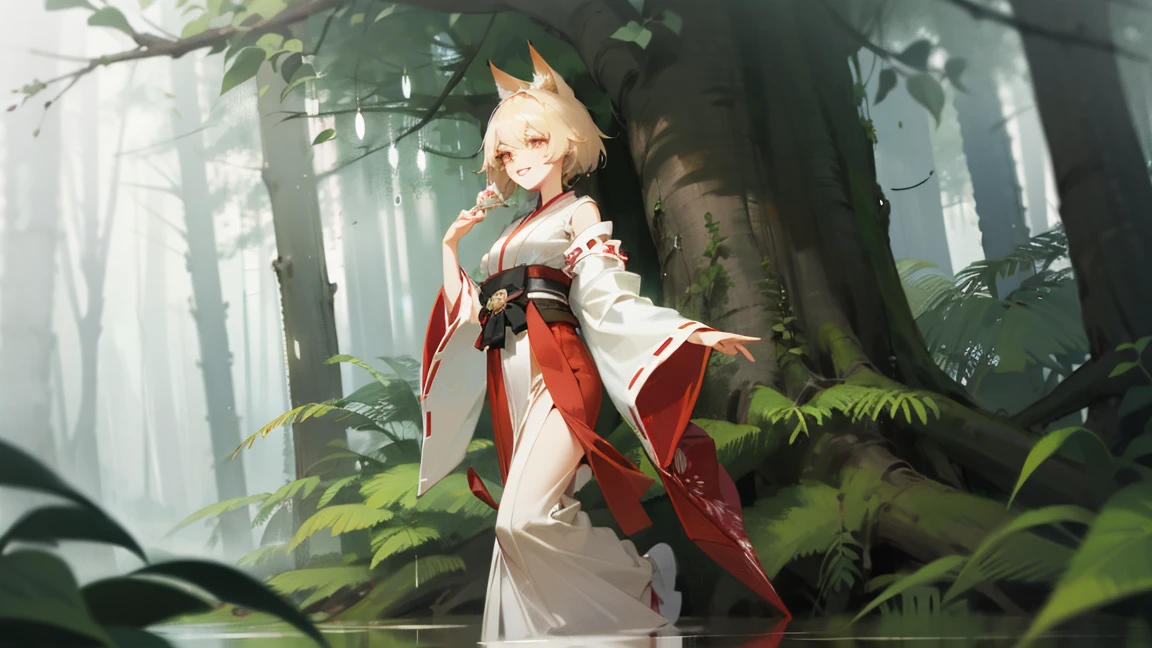 (masterpiece, best quality) detailed, ,Fox ear beauty,Red and white miko kimono ,light blonde silver hair ,olive green pupils,elegant, (Fox ears),Red Eyeshadow, Shy smile,,The long skirt with high slits exposes the thighs,Walking quietly in the forest。Forest in the rain,Raindrops falling on leaves。reflection, , in background gradient mystery wonderland, rich and colorful, 最detailed,Light person。