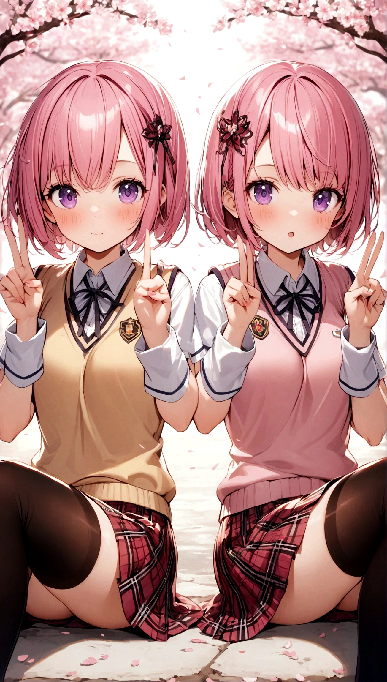 1 Girl, Pink Hair, Purple Eyes, short hair, Hair accessories, Sweater vest, Uniforms, big eyes, Plaid skirt, Black over-the-knee stockings, Make a victory gesture, Cherry blossoms