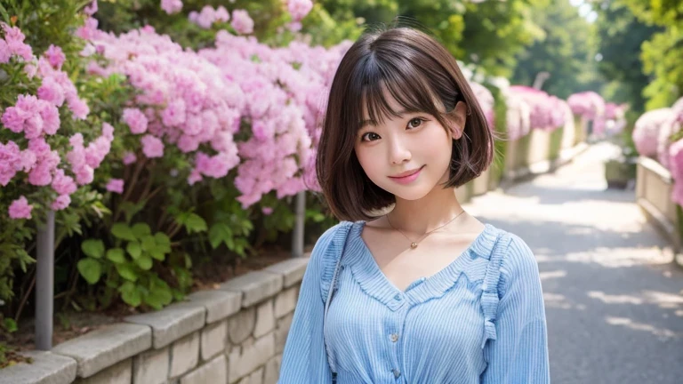 Produce the highest quality and highest resolution 8K images。The model is a 20-year-old Japanese woman.。Please draw a full body image of a woman。Please draw the background as a tourist spot, smiling and taking a commemorative photo.。Please draw the whole body of the model。She has brown eyes and a model figure.、She has an idol-level cute face.。Her hair is bob。Skin has a healthy color。Clothes、I'm wearing early summer clothes。