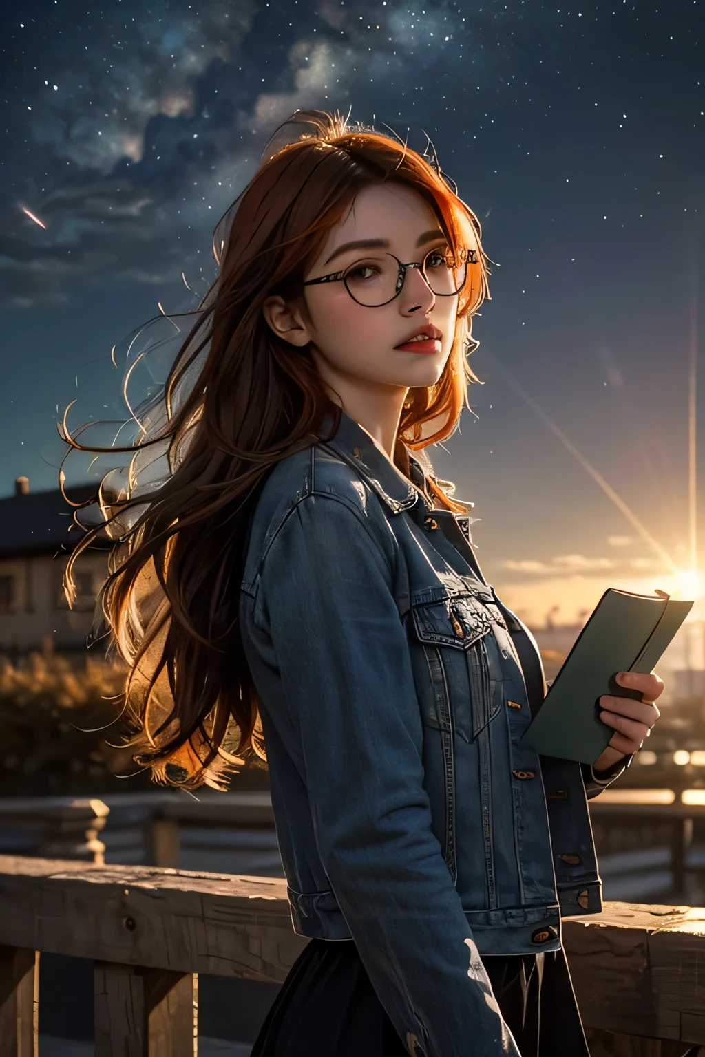 lifelike, High resolution, soft light,1 woman, (Detailed face), denim jacket，Hold a book in hand，wear glasses，sharp vision, noble and inviolable temperament, (([woman]: 1.2 + [beauty]: 1.2 + long orange hair: 1.2)), Bright Eyes, Purple tone pattern，Purple light and shadow，（standing on the street），Clear beauty, woman, 20 years old，((Autumnal) )，beautiful delicate eyes, Good 8KCG wallpaper, official art， Super detailed， masterpiece， best quality， Detailed face，expression of stoicism，dynamic poseeteor，starry sky，Milky Way，（original photo，best quality），（realistically，Real shot：1.3），best quality，Very detailed，masterpiece，Super detailed，（whole body），dynamic angle，World Masterpiece Theater，messy_long_hair，best quality，Astonishing，movie lighting，lens_flare，
