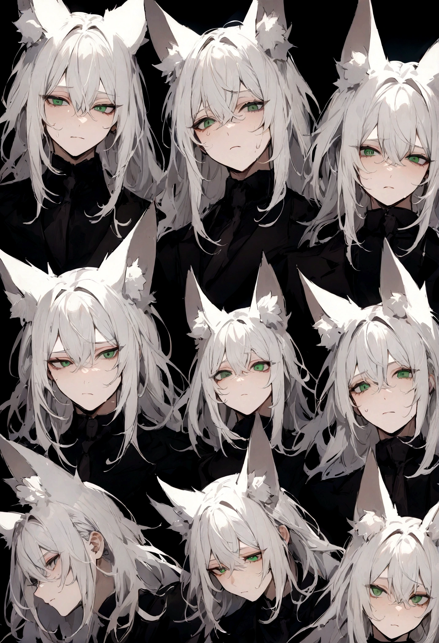 (masterpiece), highest quality, Expressive eyes, Perfect Face, male, Silver Hair, Green Eyes, kitsune, Fox Ears, Black Suit, Black trousers, Portraiture,, good looking, Apathetic and tired,