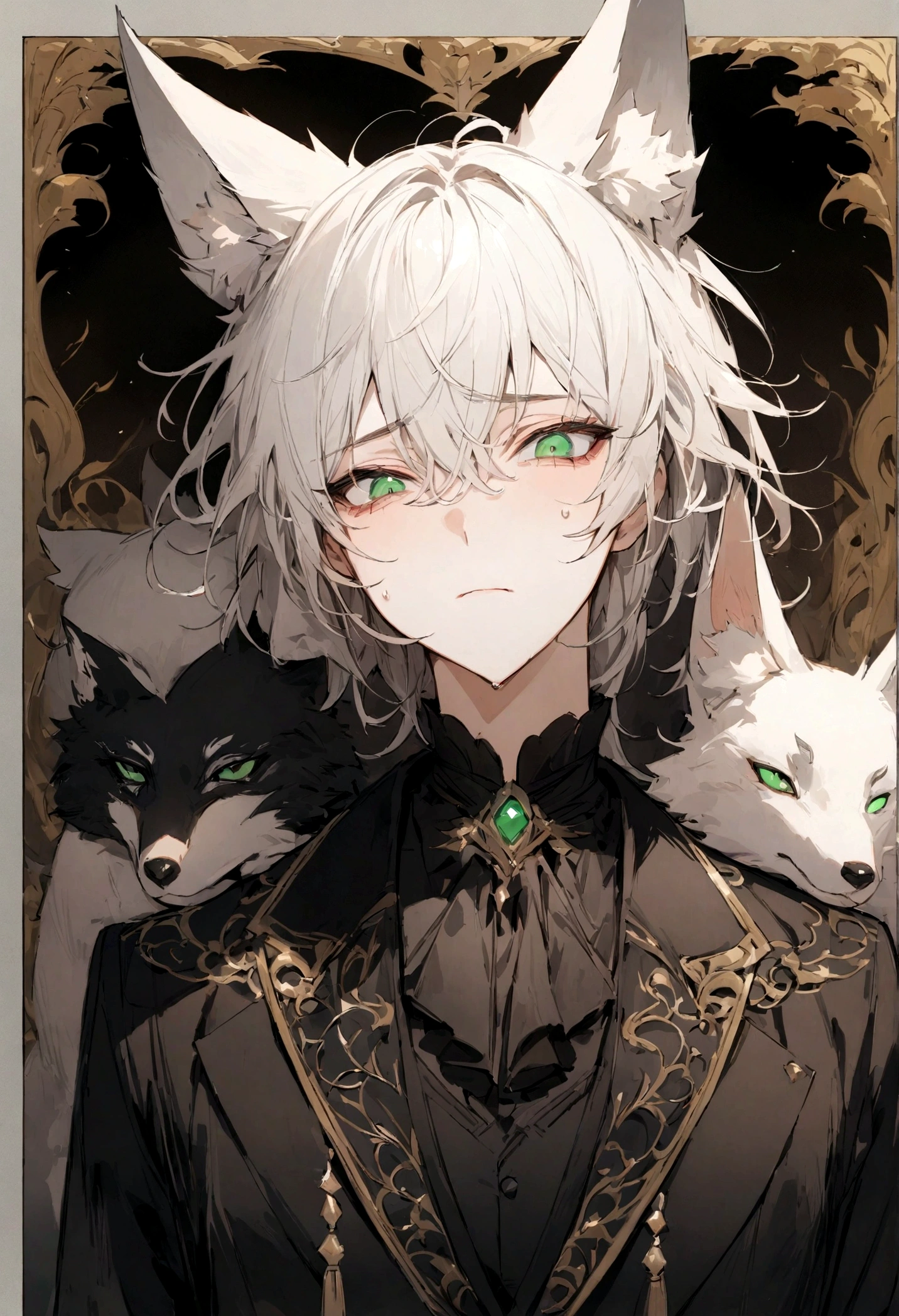 (masterpiece), highest quality, Expressive eyes, Perfect Face, male, Silver Hair, Green Eyes, kitsune, Fox Ears, Black Suit, Black trousers, Portraiture,, good looking, Apathetic and tired,