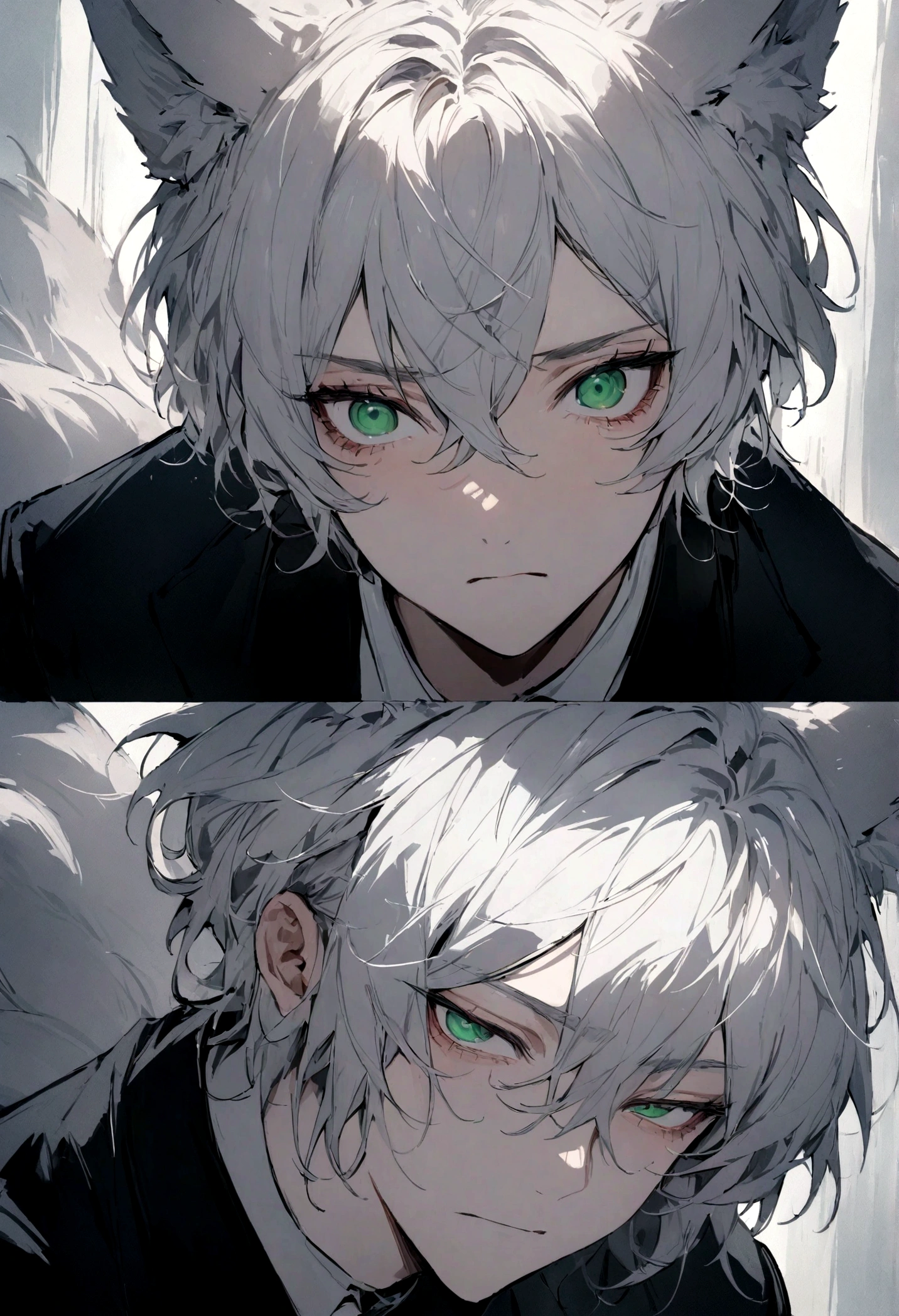 (masterpiece), highest quality, Expressive eyes, Perfect Face, male, Silver Hair, Green Eyes, kitsune, Fox Ears, Black Suit, Black trousers, Portraiture,, good looking, Apathetic and tired,