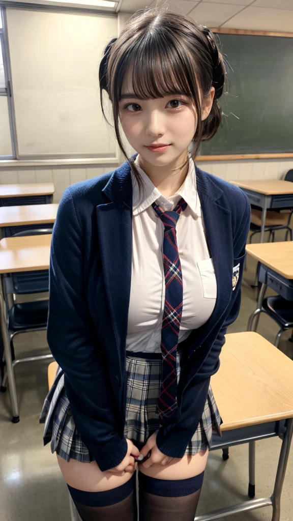 masterpiece, best quality, illustration, Super detailed, fine details, High resolution, 8K,wall paper, perfect dynamic composition,(Details High quality, realistic depiction of eyes:1.3), High School Classroom、High school girl uniform、blazer 、Super Short Check Uniform Skirt、Navy blue high socks、garterbelts、plump breasts, Disturbed uniform, (updo:1.2), black hair color, large breasts, Big Natural Color Lip, bold sexy pose, (perfect body shape), crying a little、20 year old girl、cute type, beautiful legs, hposing Gravure Idol, Voluptuous thighs