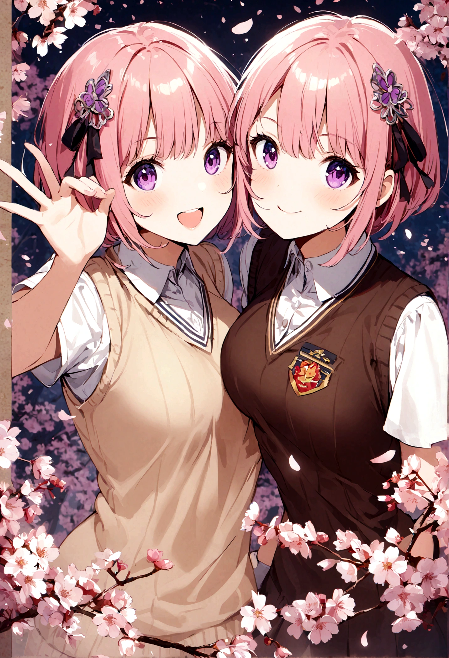  1 Girl,  Pink Hair, Purple Eyes, short hair, Hair accessories, Sweater vest, Uniforms, Make a victory gesture, Cherry blossoms