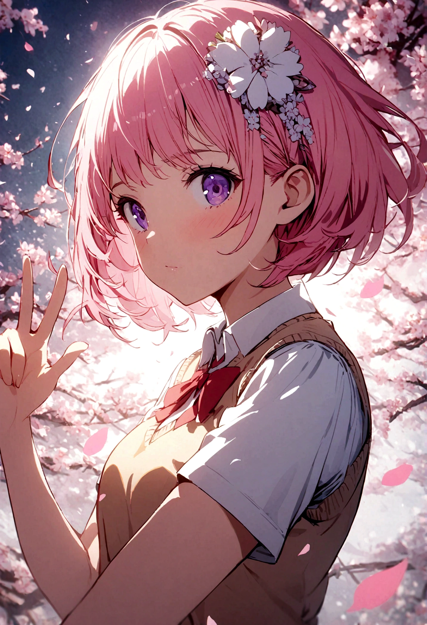 1 Girl, Pink Hair, Purple Eyes, short hair, Hair accessories, Sweater vest, Uniforms, Make a victory gesture, Cherry blossoms