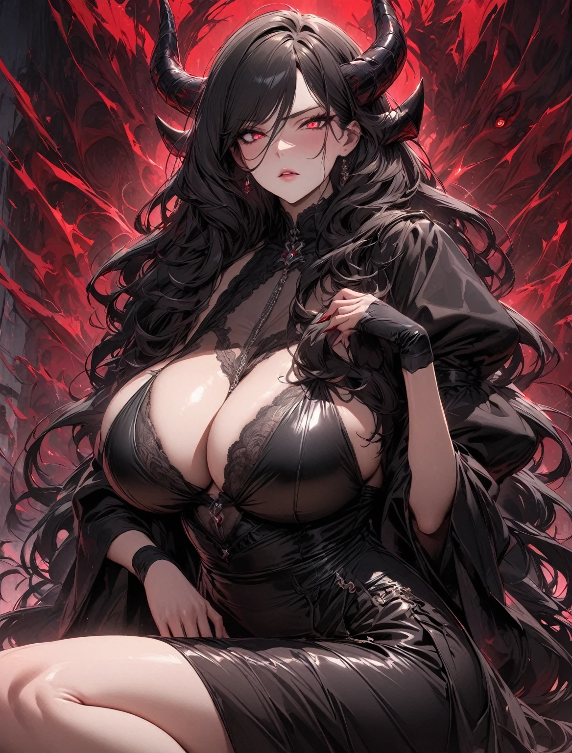 Masterpiece, very detailed, ultra detailed, one, (1 female maid), she is in a black short leather dress, and in an elegant position, super mature, tall, milf style, mature mother, super long hair, black hair, super black hair and bangs, black demonic horns, beautiful, charming, bright crimson-red reptile eyes, reptile red eyes, super neon eyes, bright eyes, elegant, big breasts (huge), neutral face, serious face, charming, wise and cunning aura around her.