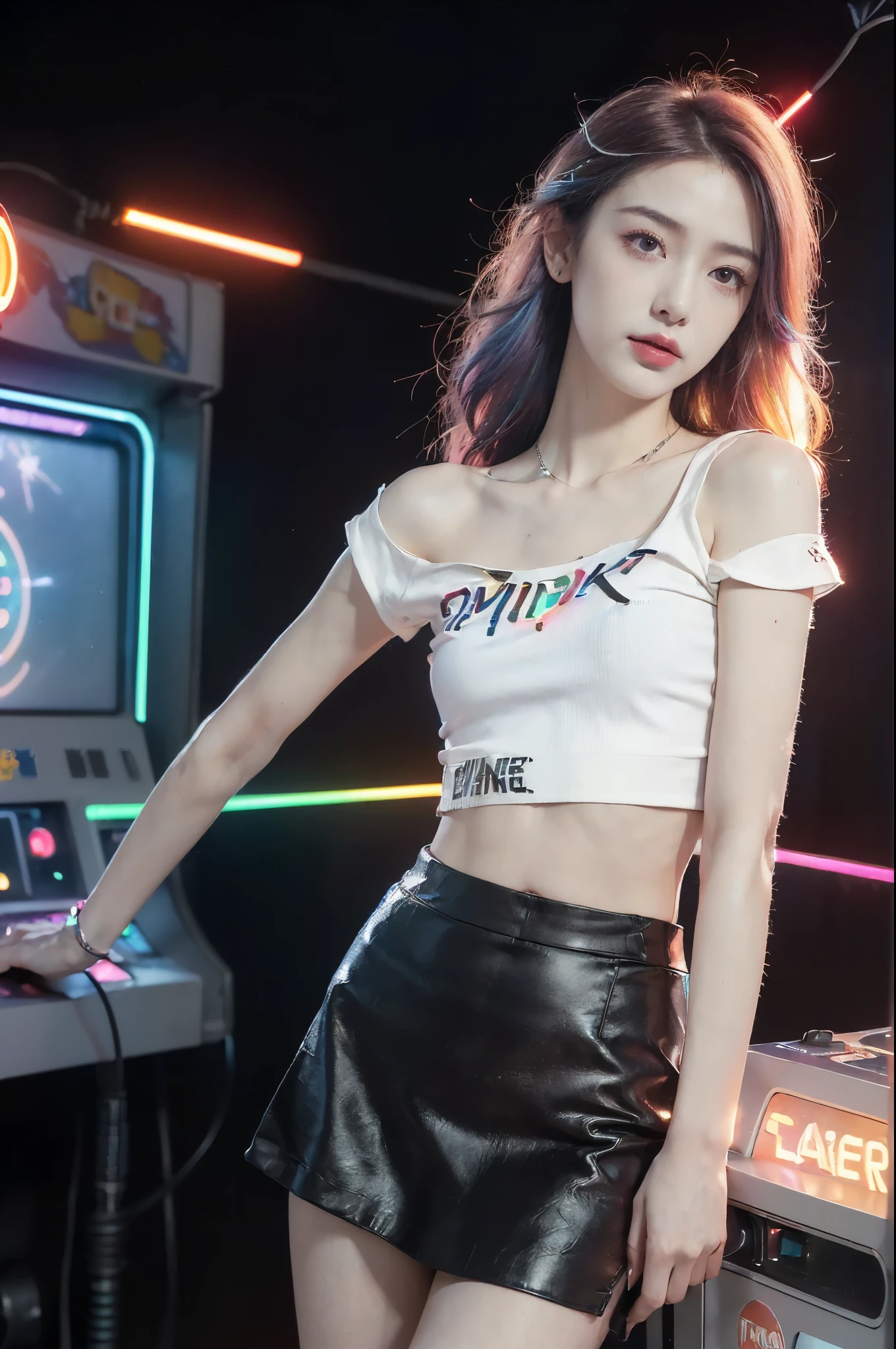 ((((8k))),((Extremely meticulous CG)) ,(wallpaper),16k,((Extremely refined and beautiful)),(((Masterpiece))),(((best qualtiy))),(((Ultra High Resolution))),beautiful light up,Perfect lightning,realistic shaded,(Smooth and flawless skin:1.5),(Extremely exquisite facial details:1.2),(perfect body:1.2),(ultra-detailed),((A beautiful girl,solo)),(small head:1.2),(pale skin:1.3),(shoulder length straight hair:1.2),(rainbow color hair:1.3),(small face:1.2),(baby face:1.3),(Exquisite makeup:1.2),(blush:1.3),(small breasts:1.2),(flat chest:1.3),((slim,thin)),(laughing:1.2),(short sleeves:1.2),(laser shirt:1.5),(shoulder off:1.3),(navel:1.3),(laser microskirt:1.5),(thigh ring:1.3),(indoor:1.2),(summer:1.3),(detailed background:1.5),(Standing:1.3),(Beside the arcade machine:1.3),(arms behind back:1.3),(upper body:1.3),(from front:1.3),(In the game center:1.5),(colorful neon lights:1.3),(cyberpunk style:1.3),(night scene:1.5),(lively atmosphere:1.3),(surrounded by crowded crowds:1.3)