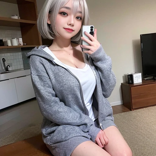 (in 8K, Raw photo:1.2),Fine eyes,delicate hair、Real Human Skin、Best Quality,超A high resolution,delicate details,intricate detailes,(masterpiece:1.3),High quality,((Silver hair、bob:1.4))、Breasts are A cup、selfie in the living room、girl tilting her head to the side、Full body、hoodie above the knee:1.2,A sly smile
