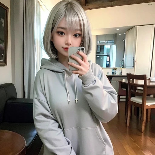 (in 8K, Raw photo:1.2),Fine eyes,delicate hair、Real Human Skin、Best Quality,超A high resolution,delicate details,intricate detailes,(masterpiece:1.3),High quality,((Silver hair、bob:1.4))、Breasts are A cup、selfie in the living room、girl tilting her head to the side、Full body、hoodie above the knee:1.2,A sly smile