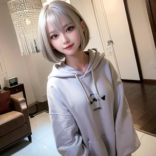 (in 8K, Raw photo:1.2),Fine eyes,delicate hair、Real Human Skin、Best Quality,超A high resolution,delicate details,intricate detailes,(masterpiece:1.3),High quality,((Silver hair、bob:1.4))、Breasts are A cup、selfie in the living room、girl tilting her head to the side、Full body、hoodie above the knee:1.2,A sly smile