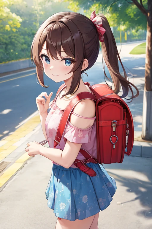 masterpiece, best quality, highres, 1girl, long hair, one side up, solo, ponytail,brown hair, blue eyes, bare shoulders, pink shirt, floral print, short sleeves, off-shoulder shirt, frills, blue skirt, cowboy shot, smile,standing, fullbody, wear high heels, wearing randoseru backpack, (randoseru backpack:1.1), outdoor, day
