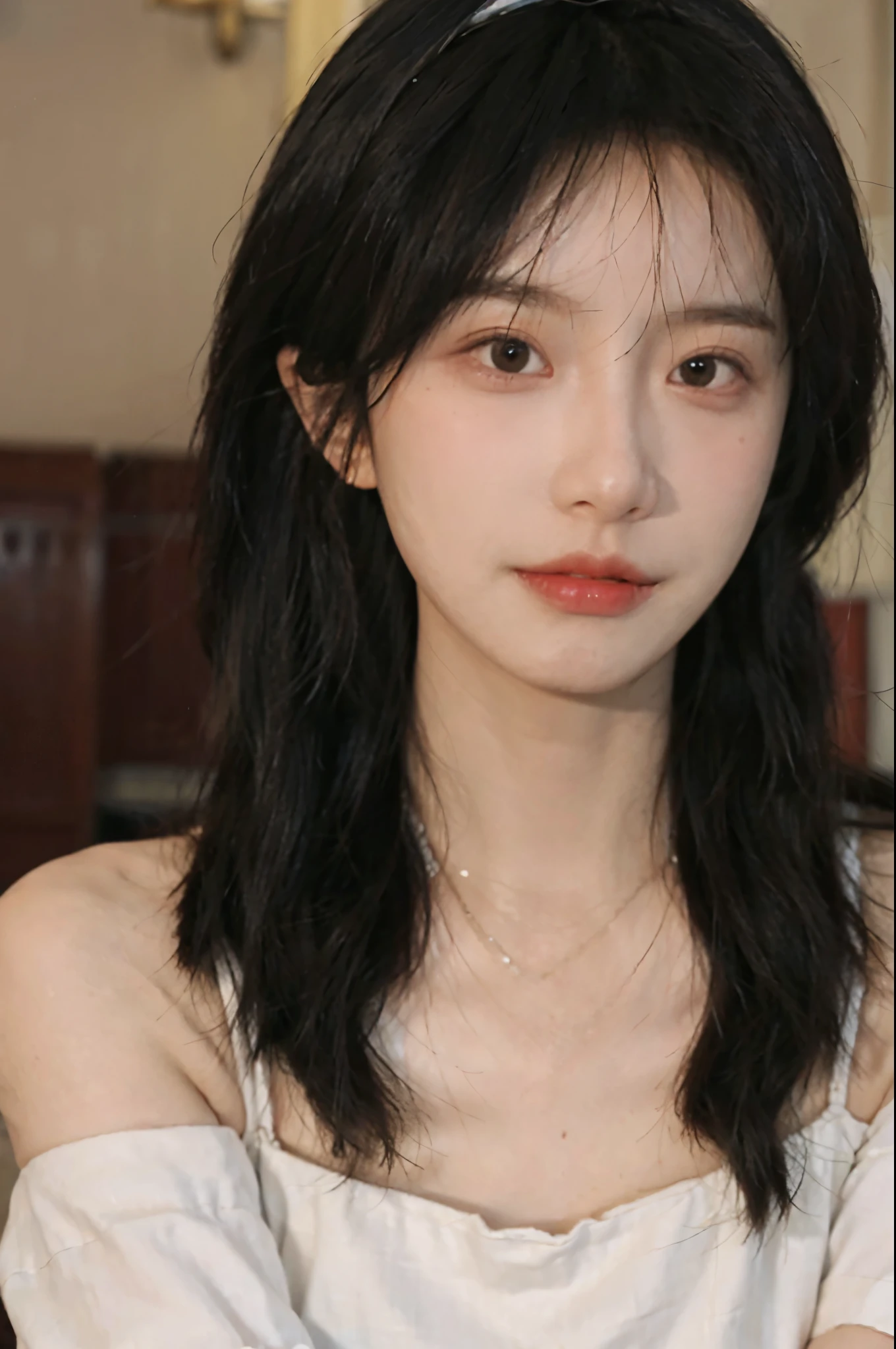 Film portrait photography, 1 girl, bare shoulders,lipstick,(flat chest:1.4), Shoulder length wavy hair, wear necklace,headband,earrings,short sleeves,serene, calm, (Realistic and detailed eyes, natural skin texture, Realistic facial details), Soft dramatic lighting, depth of field, Bokeh, Vibrant details, Detailed and detailed, surreal, 35mm film, hazy, ,