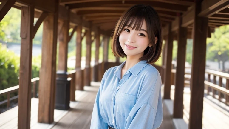 Produce the highest quality and highest resolution 8K images。The model is a 20-year-old Japanese woman.。Draw the whole body of a woman。Please draw an image of a smiling person taking a commemorative photo at a tourist spot.。Please draw the whole body of the model。She has brown eyes and a model figure.、She has an idol-level cute face.。Her hair is bob。Skin has a healthy color。Clothes、I&#39;m wearing early summer clothes。