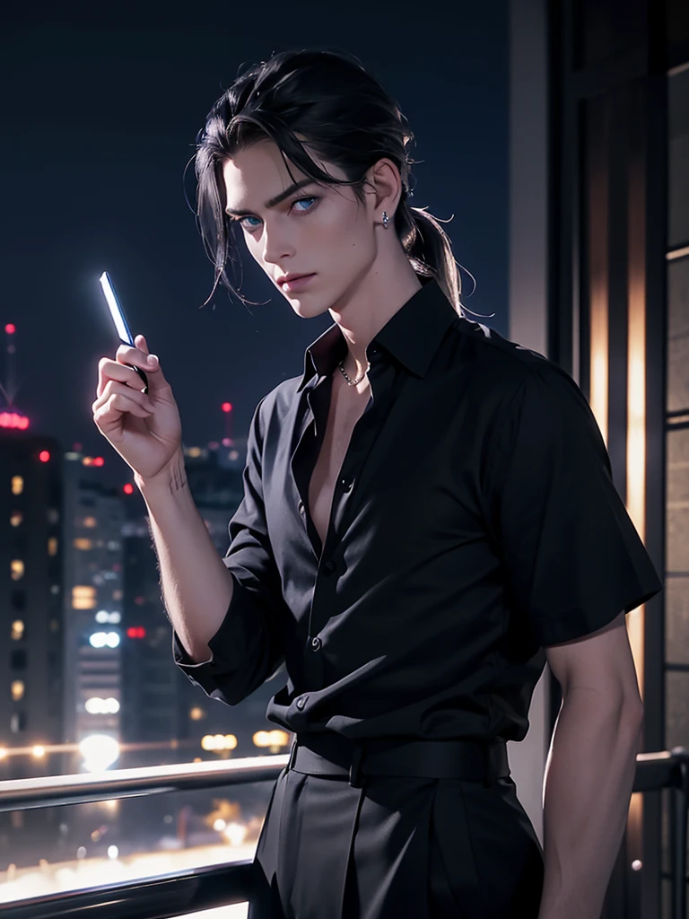 Rock boy, 35 years old princely androgynous, blue eyes, low long ponytail , night, dark sky, black open shirt, rock, foto hiperrealista, sexy body, portrait , stay in the balcony, Tokio summer night, ((write a mobile message)), tall, black trousers , night, mobile phone in the hands 
