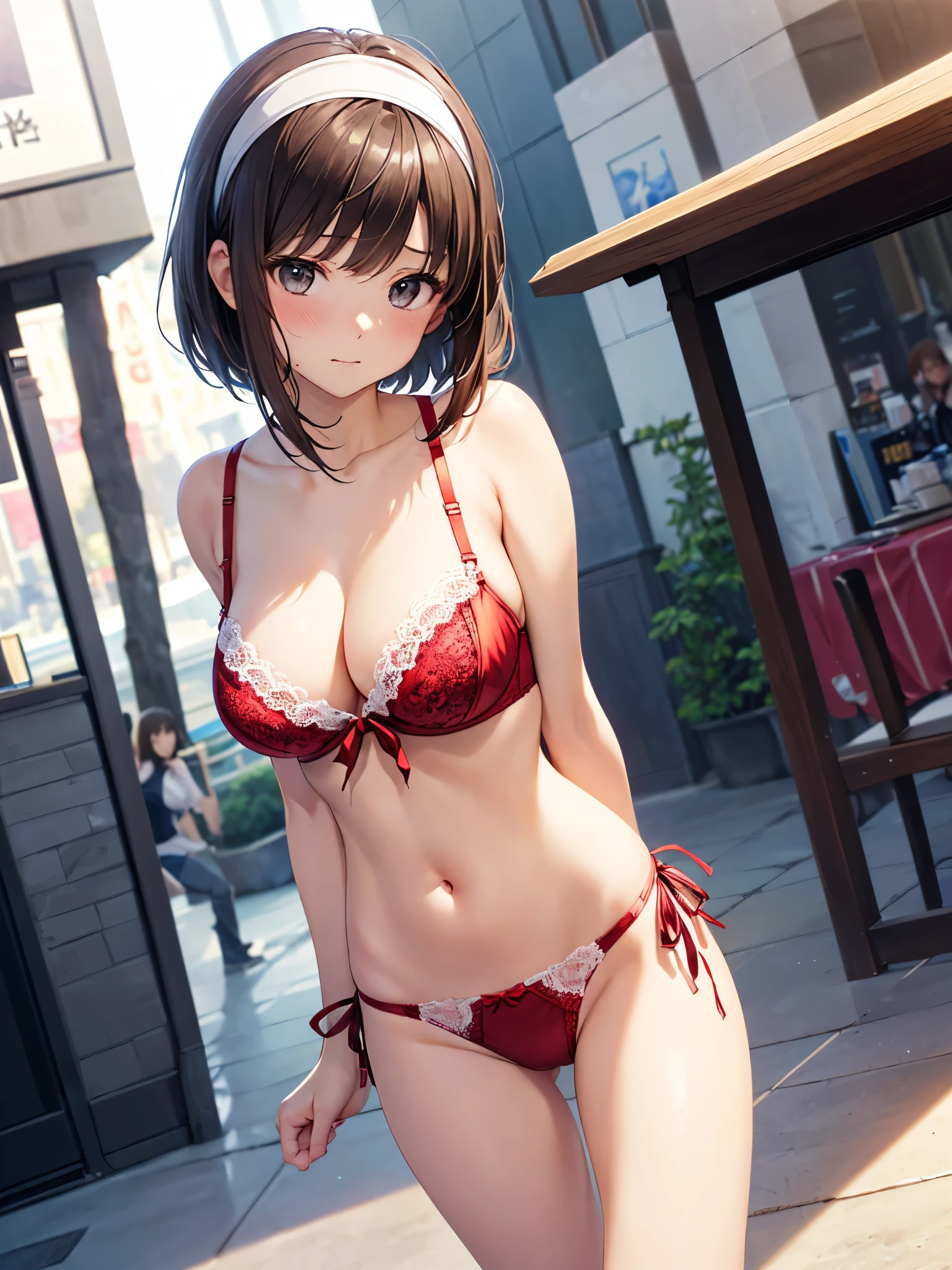 (((masterpiece, highest quality, High resolution, 超High resolution, Perfect Pixel, Depth of written boundary, 4K, RTTX 10.0))), Beautiful Anime Woman, Beautiful art style, Anime characters, ((Smooth texture, Realistic texture, Anime CG Style)), Exact finger count、Exact number of legs、(Exact number of arms:1.0, Exact number of hands:1.0), (Perfect hands, Perfect Anatomy), Cinematic, Realistic, Extremely detailed CG, Daytime lighting, Perfect lighting, Best Shadow, The best natural light, whole body, Perfect body, (Slender body:1.2), ((Long Hair, bangs, Dark brown hair, Stylish hairstyle, Bobcut)), ((一人のcute女性は飲み物を手に持って歩いて運んでいる:1.6)), ((alone:1.0)), beauty, cute, ((セクシーでcute薄い赤下着:1.3), (Stylish shiny thin red satin panties, Side-tie panties:1.3), (Thin panties:1.3), (Light red micro lace satin bra, Thin bra:1.3):1.3), (Beautiful and big breasts, Cleavage:1.2), (Beautiful and thin thighs:1.3), Feeling embarrassed, (blush:1.2), (Very embarrassed look:1.4), Troubled expression, (At an outdoor amusement park, There is a Ferris wheel and people having fun behind it.々:1.3), naked, In underwear, Waitress in underwear, Maid Headband, whole body, (Underwear waitress carrying drinks:1)