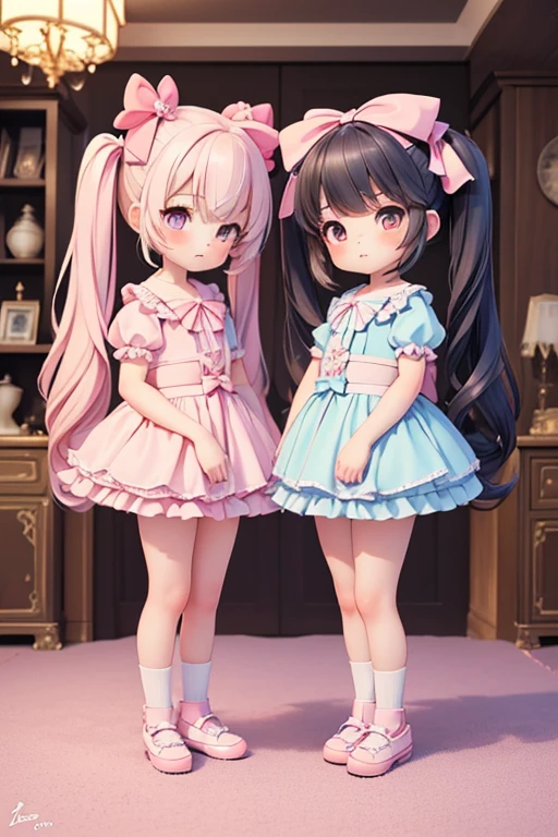(((bishojo))), (((loli little 2 girls))), ((kawaii face)), ((kawaii eyes)), (masterpiece), (top quality), (hyper detailed), (exquisite), (depth), (crisp), (8k), (beautiful and aesthetic), (super detailed skin), (high standard), (high resolution), (perfect anatomy), ((full body)), (blush), (twin tails), (bow in hair), (crinoline), (yuri, after kiss), (living room)