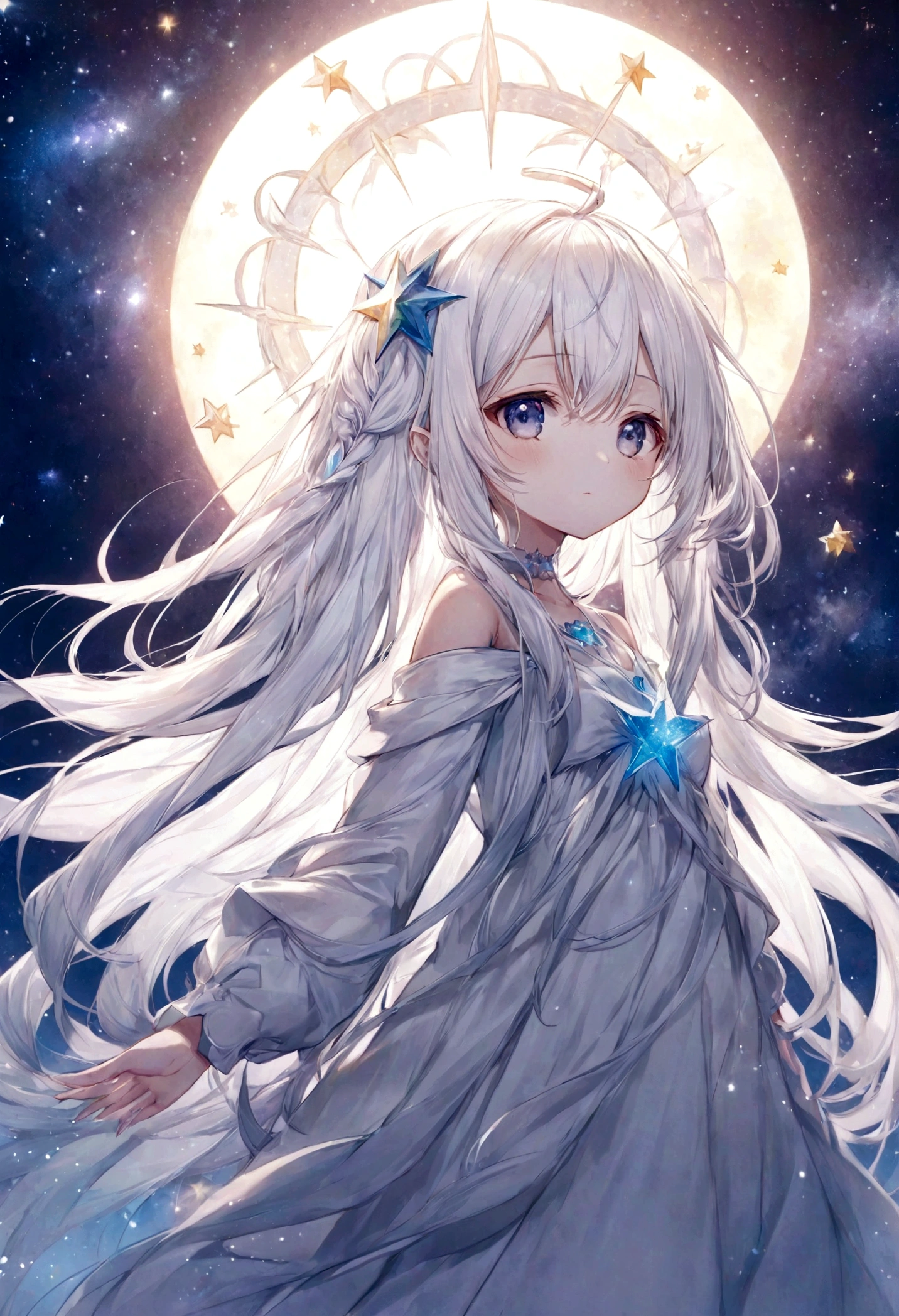anime girl with long white hair and a Star in her hair, White-haired deity, Anime girl with cosmic long hair, Star(Sky) Starry_Sky, Cute girl anime visual, Ink art anime loli, White halo, white hair girl, Ethereal Anime, akasuki voidStar, Celestial Spirit, Night Core, Anime cute art style
