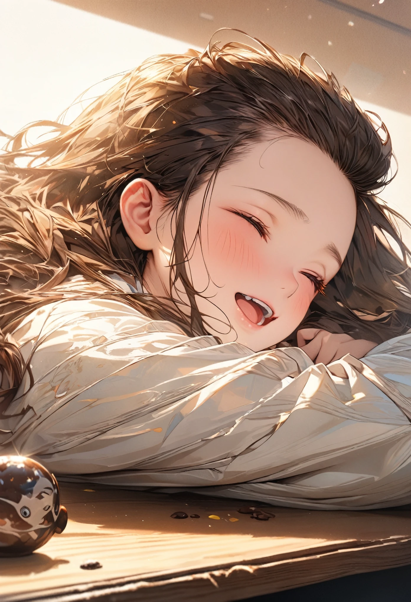 An illustration of a person sleeping face down at an office desk. Satisfied expression after eating chocolate parfait in a dream, masterpiece, best quality, hyper detailed, insanely detailed, Full-HD, 16K, absurdres, a girl, blissful, sleeping, laughing, lying prone, side view, bangs pinned back, forehead, brown hair, brown eyes, eyes closed, suit, cute face, delicate facial features, japanese, orange background, inside, in the office, with a desk, in the afternoon, flat background, cute, hard-edged, soft-edged, closeup shot, on left, side view, dynamic angle, cowboy shot, midday, bloom, best light, fish-eye lens, highly saturated colors, vibrant colors