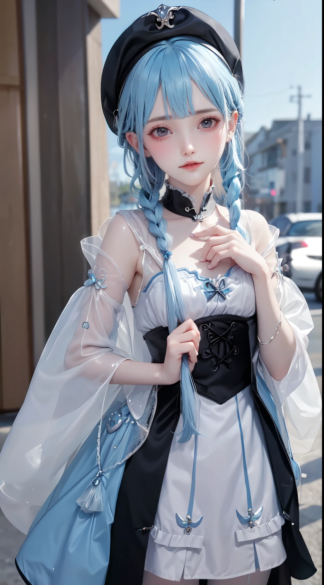 Light blue hair、Blue Eyes、Girl、beret、Lady、Braid、Short、Girl
