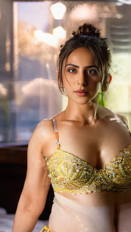Day scene,rkps woman, close up bustshot body photo of a woman , posing in bedroom, looking at viewer, wearing ((cotton micro bikini)), perfect figure, deep cleavage, look at viewer, intricate details, rakul preeth singh,(perfect beautiful eyes), cool filter, black hair,((highly detailed background)), bedroom, ((( photorealistic)))