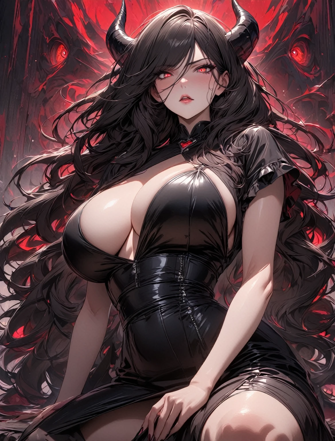 Masterpiece, very detailed, ultra detailed, one, (1 female maid), she is in a black short leather dress, and in an elegant position, super mature, tall, milf style, mature mother, super long hair, black hair, super black hair and bangs, black demonic horns, beautiful, charming, bright crimson-red reptile eyes, reptile red eyes, super neon eyes, bright eyes, elegant, big breasts (huge), neutral face, serious face, charming, wise and cunning aura around her.