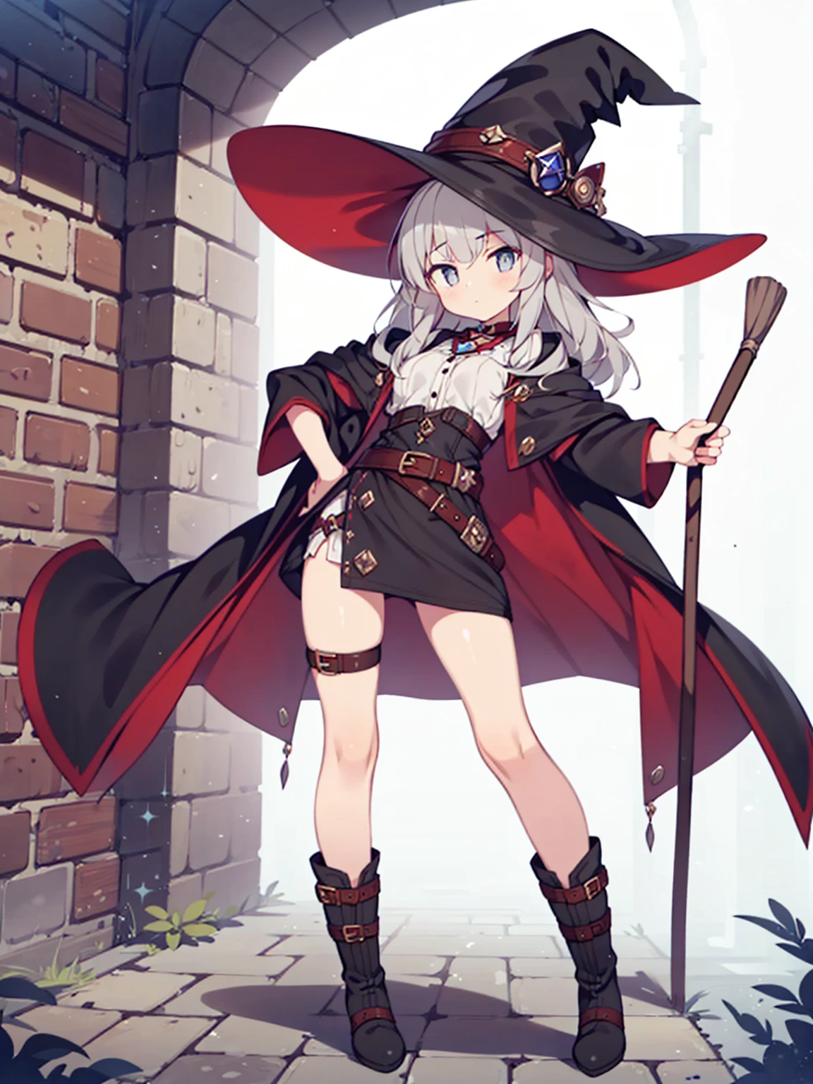 (1girl in:1.2), (Solo:1.2) , nffsw, Shaders, Brilliant Textured Work, Ultra-detailed eyes, ultra-intricate pupil in eyes, top-quality, full body, witch's hat, Leather belt on hat, Gray hair, long hair, Smooth straight hair, deadpan, No emotion, Gray eyes, a closed mouth, witch's robe, Witch's broom, Brick dungeon, , , , Witch's Boots, looking at viewer, contrapposto, stylish pose, dynamic ungle, Leather belt at thigh,