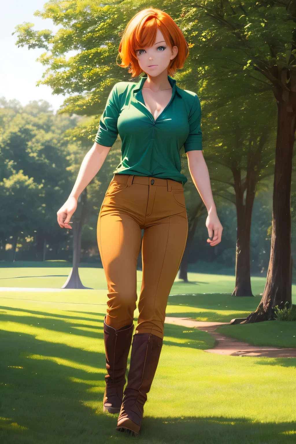 1girl, short orange hair, green eyes, green shirt, brown pants, winter boots, deep cleavage, medium breasts, outside, grass, sunny day, realistic, glowing eyes